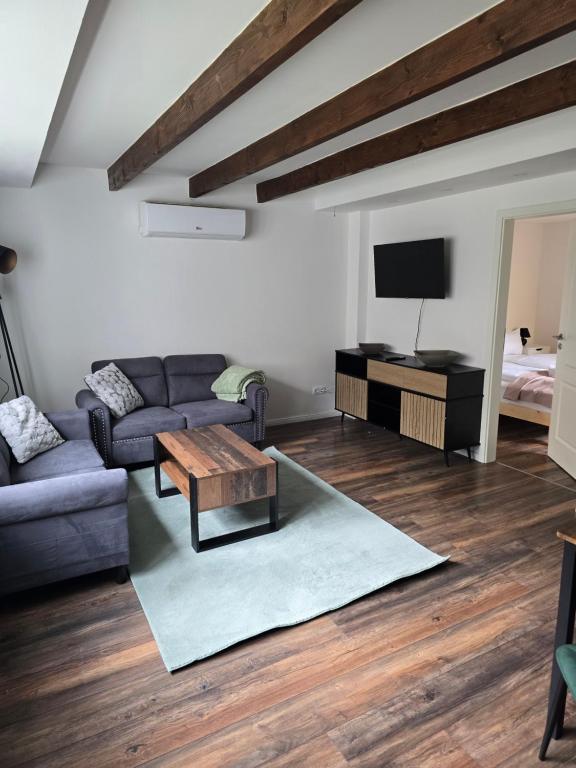 a living room with a couch and a coffee table at Naturparadies an der Saale in Könnern