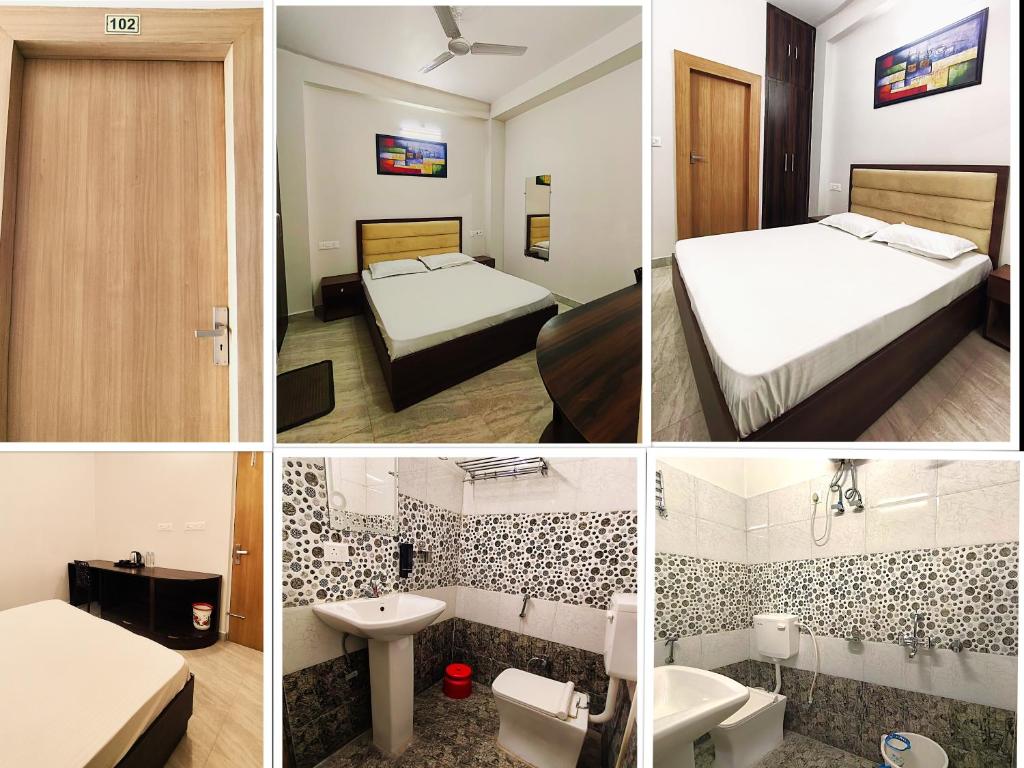 a collage of four pictures of a hotel room at S P Residency in Lucknow