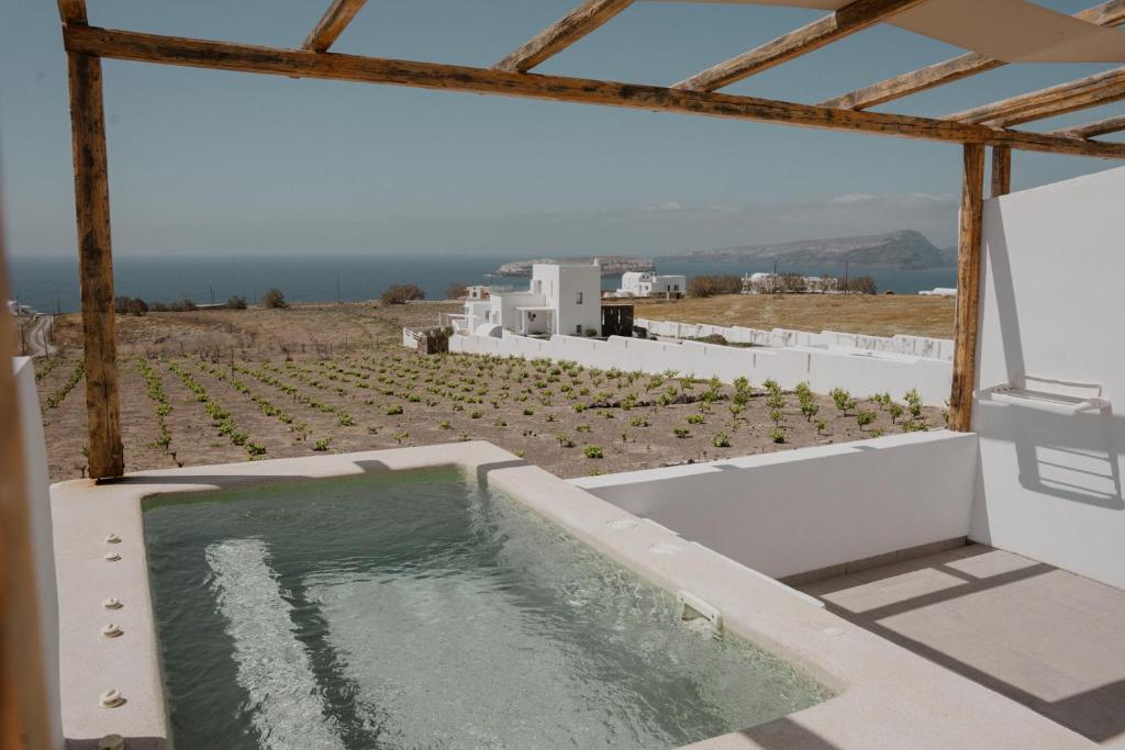 a swimming pool with a view of a vineyard at The Lighthouse Sunset View Suites in Akrotiri