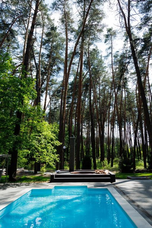 a swimming pool in front of a forest of trees at Заміський комплекс Lisovi Polyany in Novosëlovka