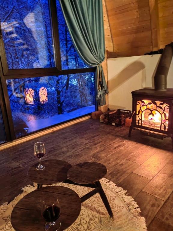 a living room with a fireplace and two glasses of wine at Cabana Aframe Blidari in Blidari