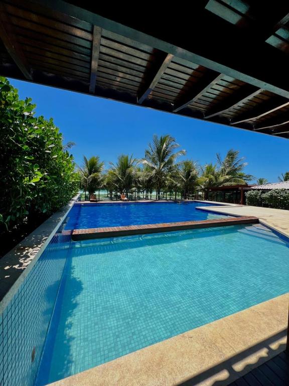 a large swimming pool with blue water and palm trees at Gabrielly Praia Hotel in Guaibim