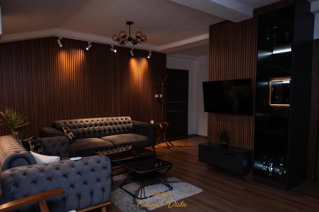 a living room with a couch and a television at Elena Vista Apartments in Štip