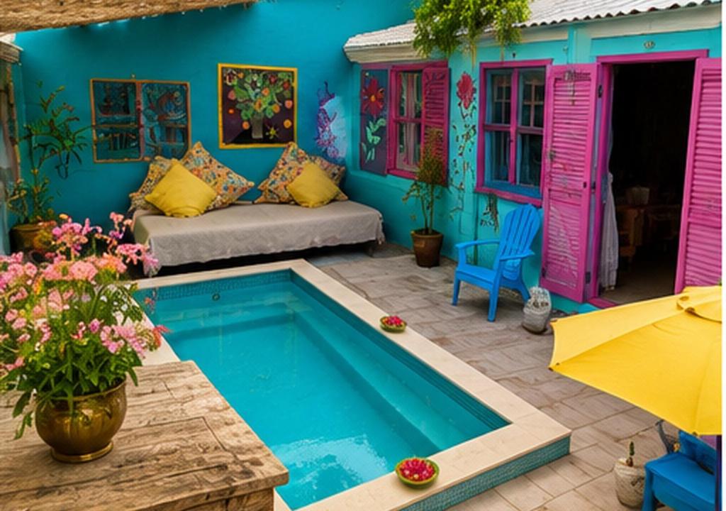 a patio with a pool and a couch and a house at Mammaloe in Oranjestad