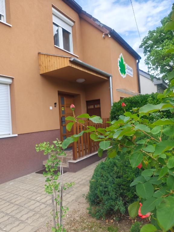 a building with a door and a plant at Juhar Kiskunhalas in Kiskunhalas