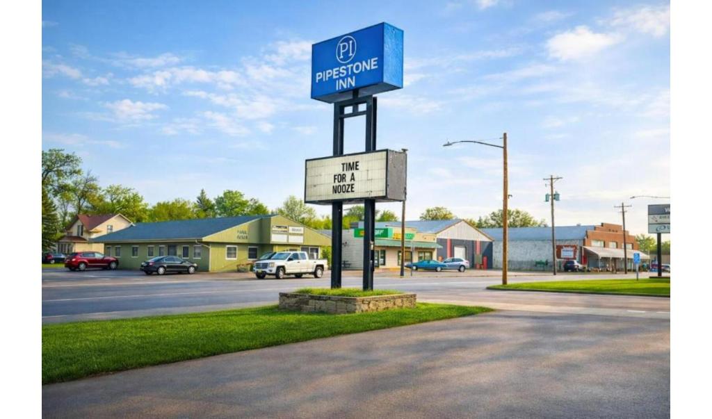 a sign for a gas station in a parking lot at OYO Hotel Pipestone MN, Canterbury Park in Pipestone