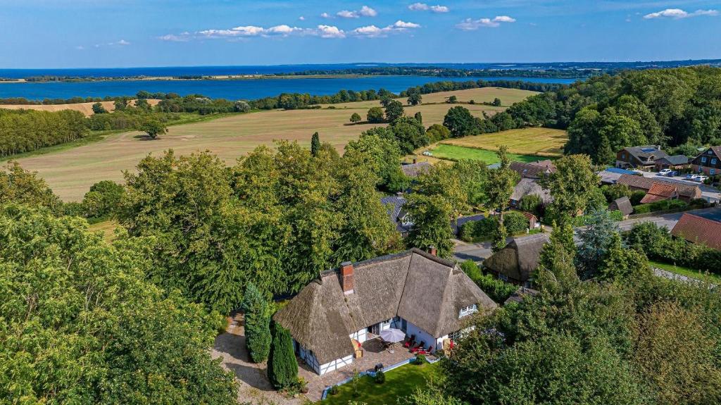 an overhead view of a large house in the trees at Weiße Reetdachkate Wohnung 2 in Stöfs