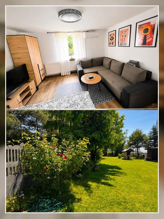 two pictures of a living room with a couch at Słoneczny domek z ogrodem na wyłączność in Podzamcze