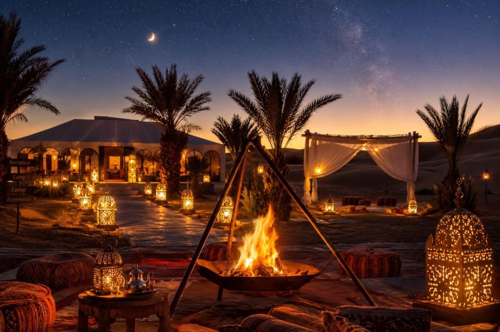 a fire pit with a tent and palm trees at night at Erg Chebbi Sahara Camp in Merzouga