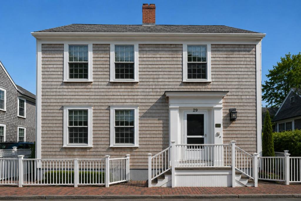a house with a white fence in front of it at 29 India House in Nantucket