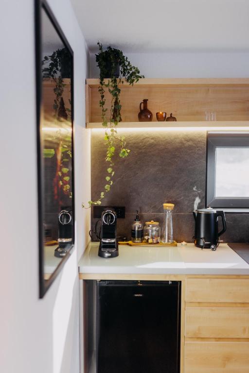 a kitchen with a dishwasher and a counter top at Monside Resort - FIRE CABIN in Borzont
