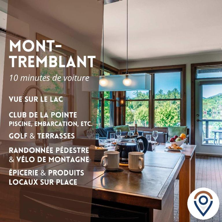 a magazine advertisement for a mont tremblant restaurant with a kitchen and a table at Lakefront, Mountain View - 2 Bedrooms Resort Suite in Lac-Superieur