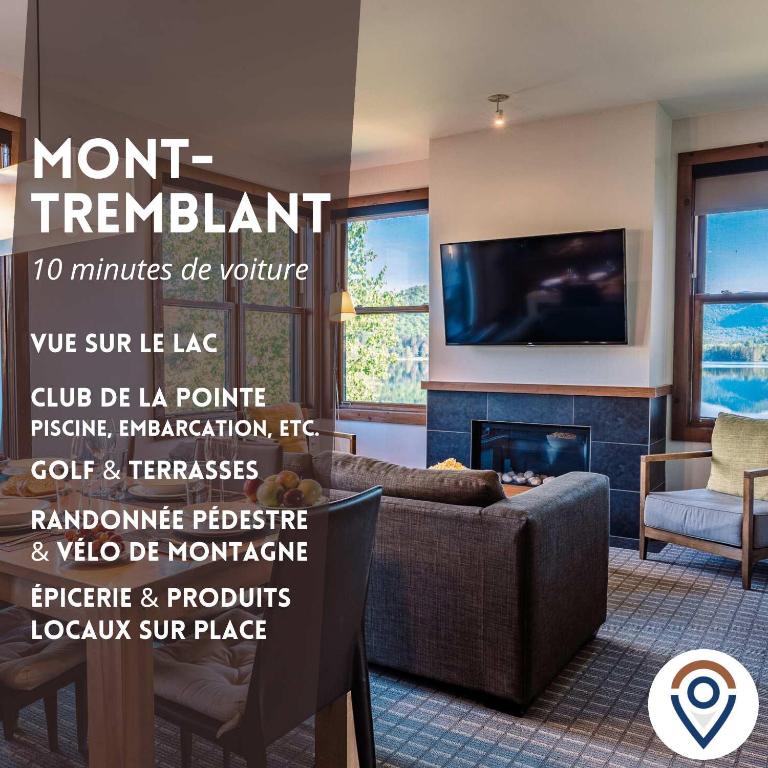 a living room with a fireplace and a tv at Lakefront, Mountain View - 2 Bds Superior Resort Suite in Lac-Superieur
