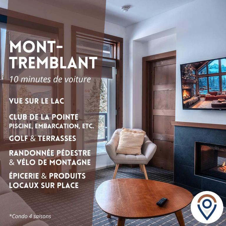 a living room with a chair and a fireplace at Suite with mountains view & Resort access in Lac-Superieur