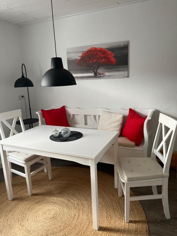 a white dining room table and chairs with red pillows at Auszeit in Melsungen