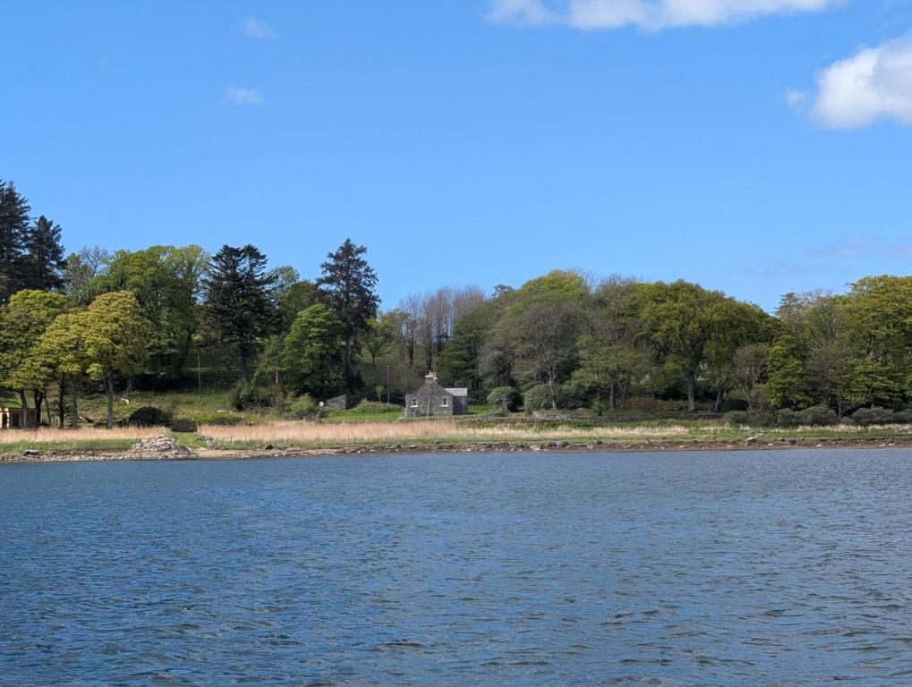 a view of a lake with a house in the distance at Ardpatrick South Lodge in Tarbert