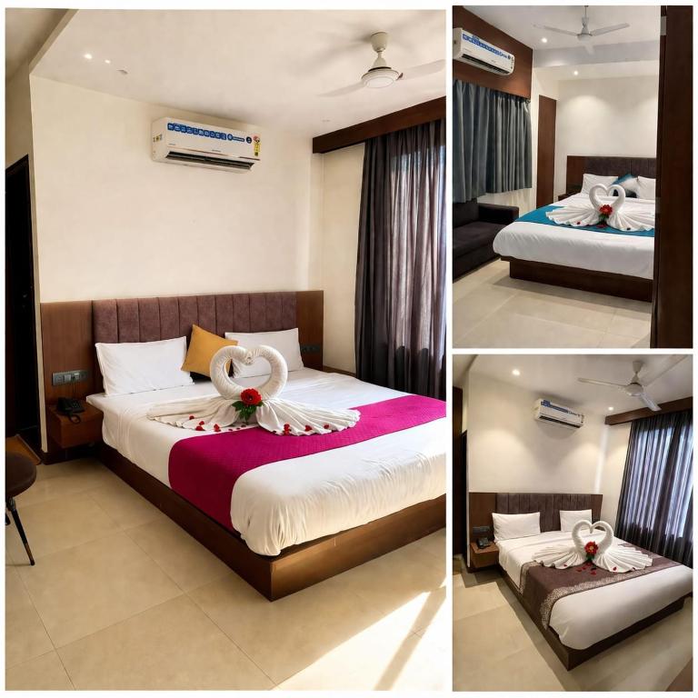 three pictures of a hotel room with two beds at Hotel maharaja in Udaipur