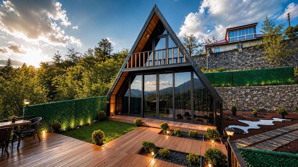 ein Haus mit Terrasse und Bergblick in der Unterkunft Gohali Bungalov in Trabzon