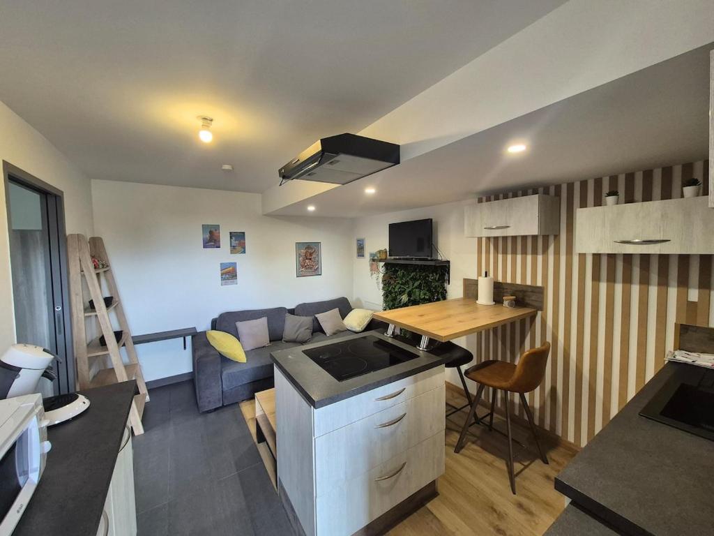 a kitchen and a living room with a couch at Cocon moderne et chaleureux in Craon