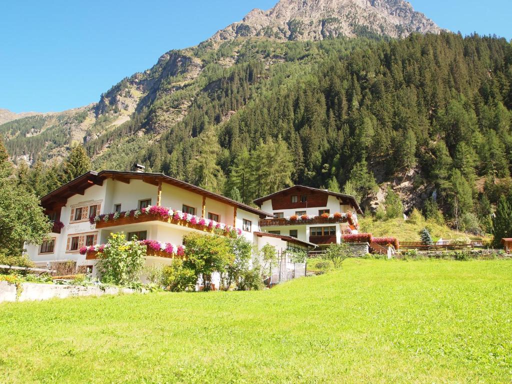 a house in a field with a mountain in the background at Ferienhaus Waldner in Kaunertal