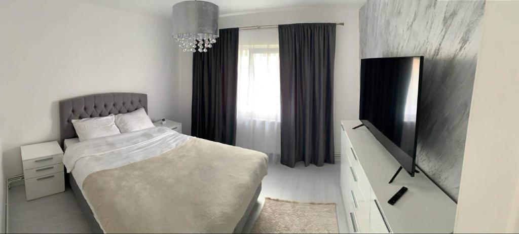 a bedroom with a large bed and a mirror at Alfa Apartment in Dej