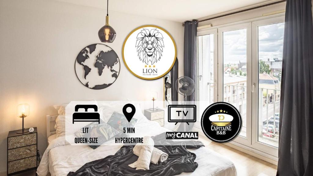 a bedroom with posters on the wall and a bed at Voltaire Lion Suite - 5 min Hypercentre in Troyes
