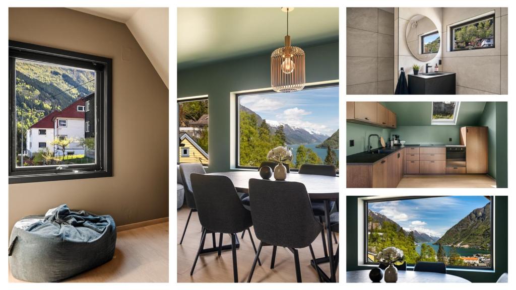 eine Collage aus Bildern einer Küche und eines Esszimmers in der Unterkunft Trolltunga Harmony in Odda