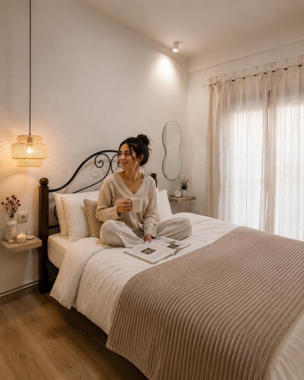 a woman sitting on top of a bed at 44m2 feels like home in Karditsa