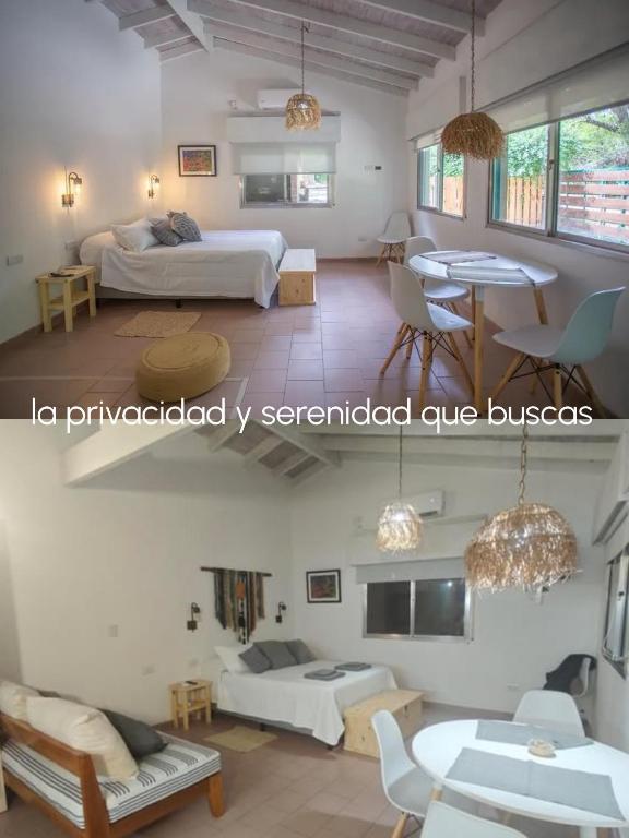 two pictures of a room with two beds and a living room at Carumel in Villa Ciudad Parque