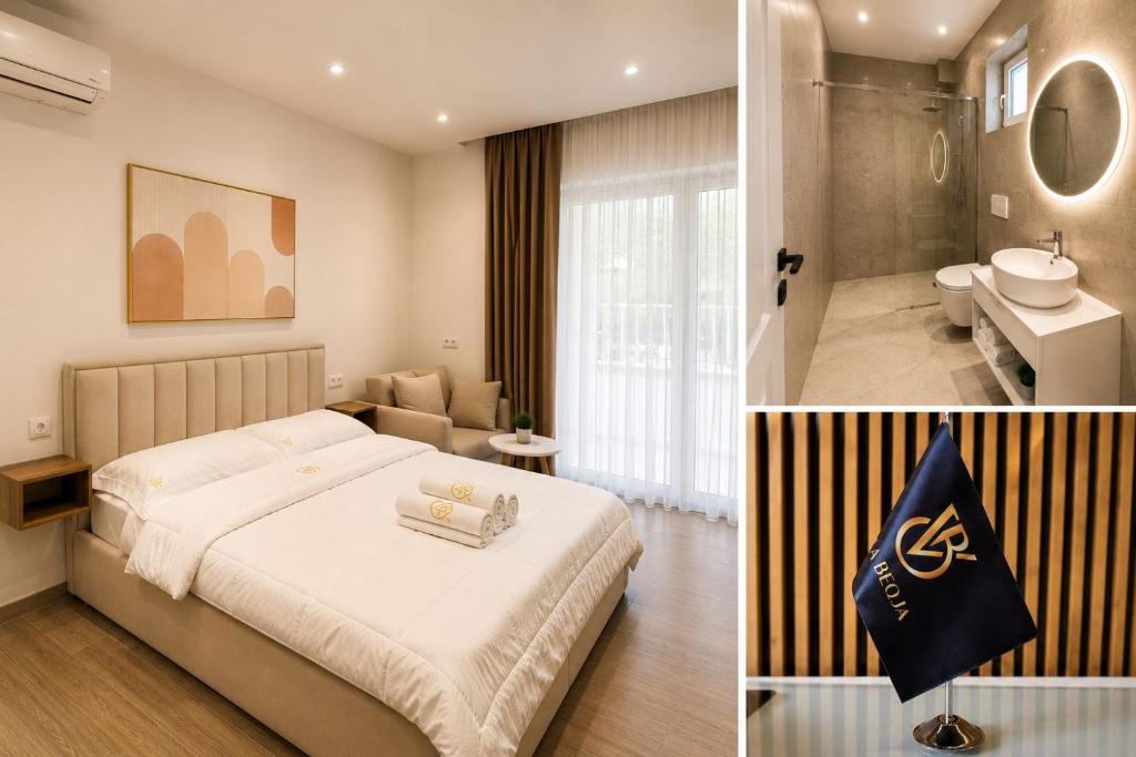 a hotel room with a bed and a bathroom at Vila Beqja in Durrës