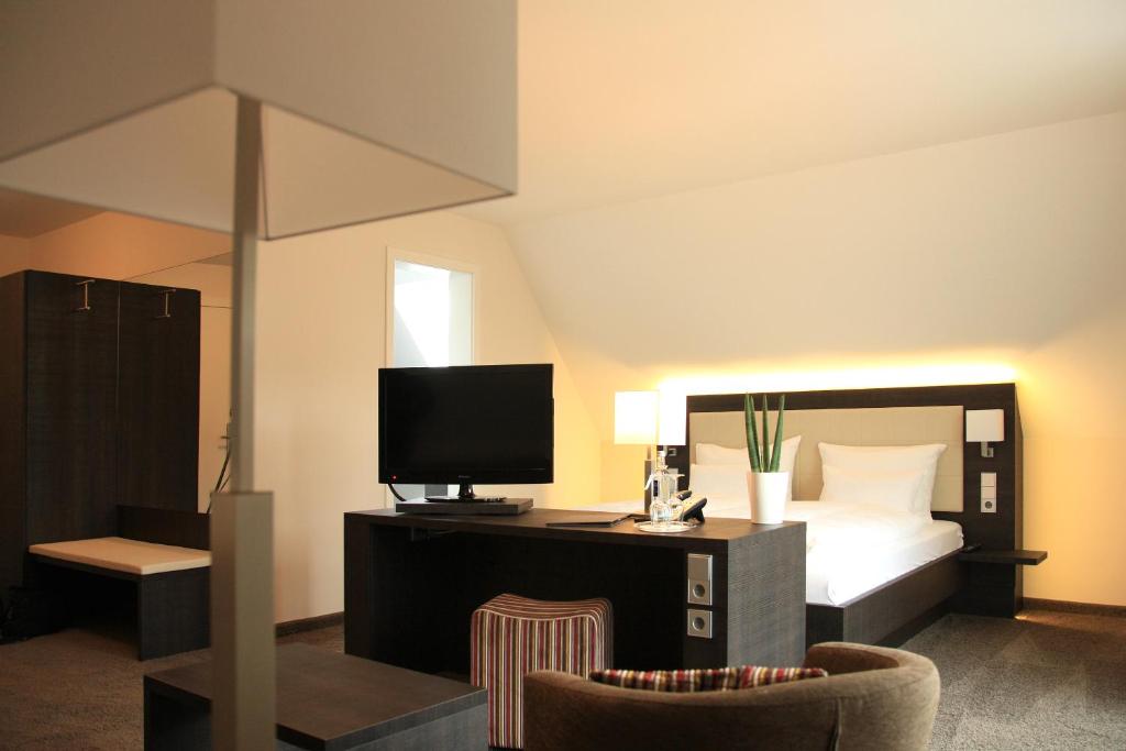 Habitación de hotel con cama y TV en Alte Schmiede en Großbottwar