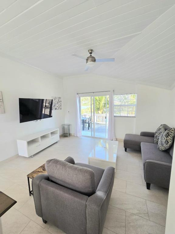a living room with two couches and a tv at Swan cottages #6 Waterfront in Providenciales