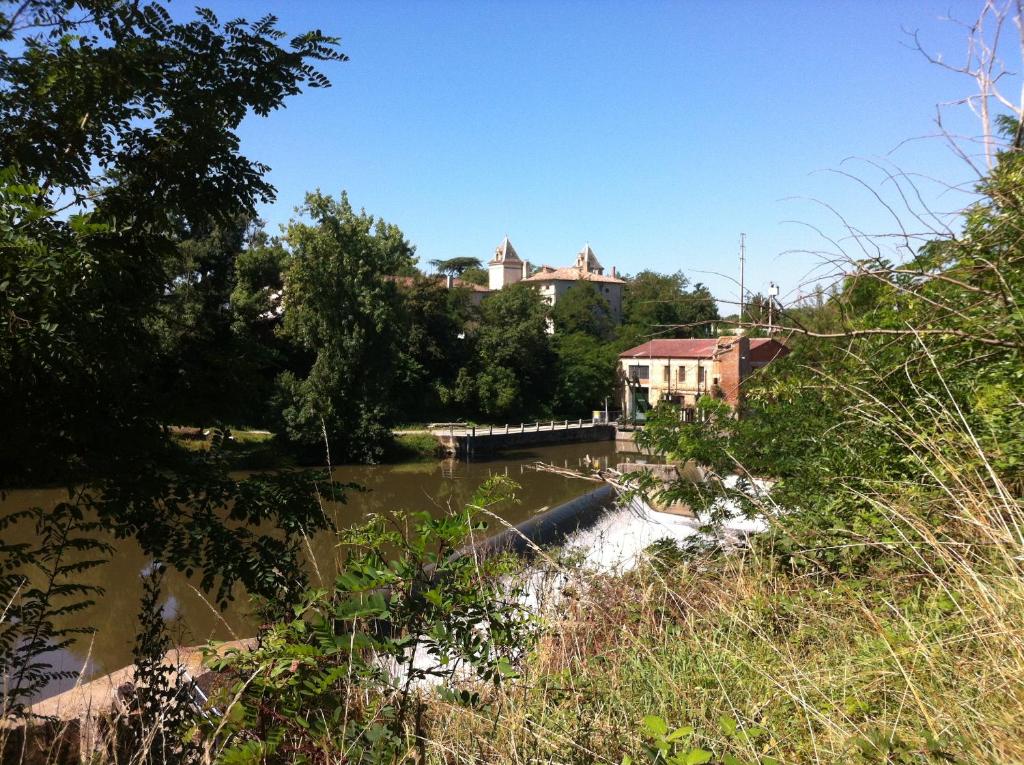 a view of a river with houses in the background at Le Moulin du Carla in Lavaur