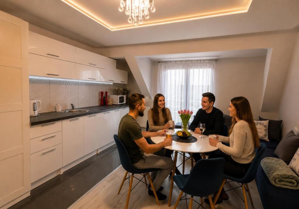a group of people sitting around a table in a kitchen at Szafir Kuźnica - Apartamenty 4 min od plaży in Kuźnica