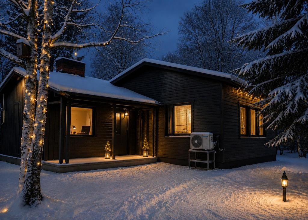 a house with a television in the snow at night at Lapland Dream House in Ivalo