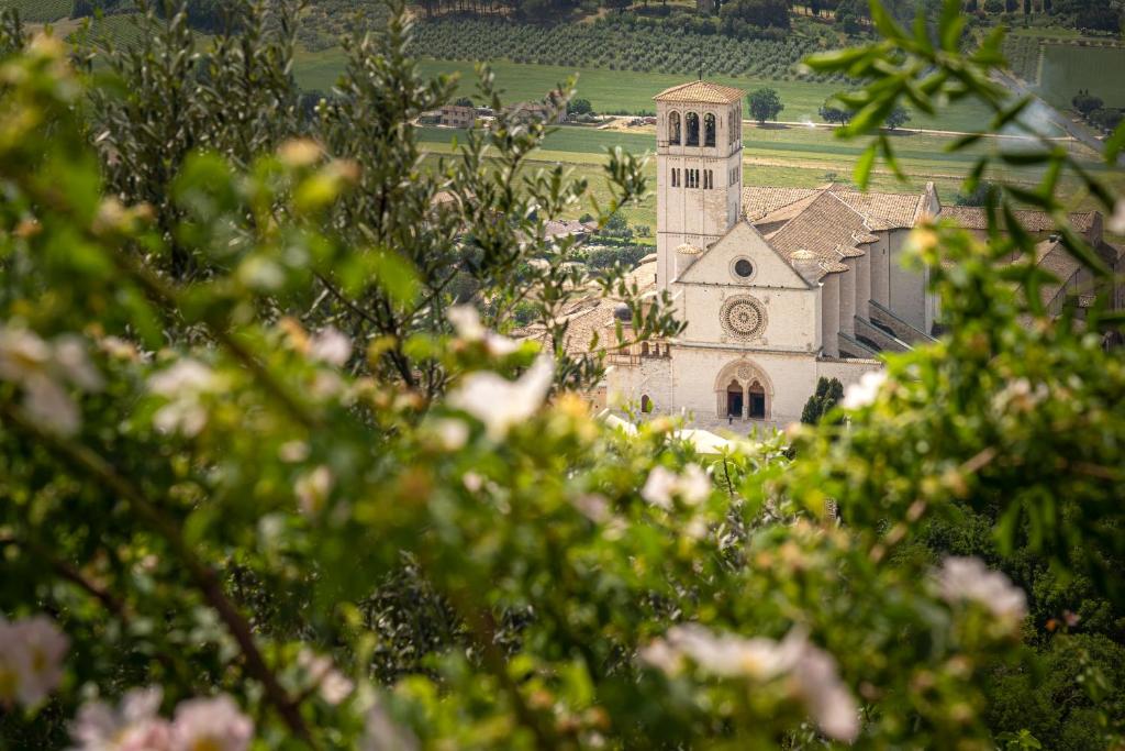 a church with a clock tower in a field at Appartamento Quintavalle - Centro Assisi in Assisi