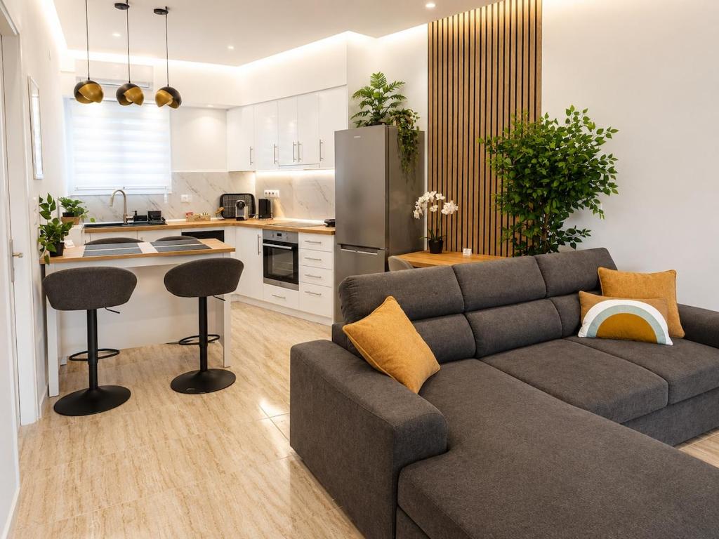 a living room with a couch and a kitchen at Belvedere Penthouse Suite in Tríkala
