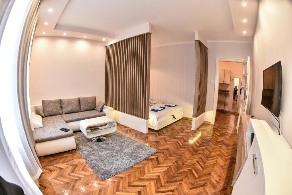 - un salon avec un canapé et une télévision dans l'établissement Bojan Central Apartment, à Novi Sad