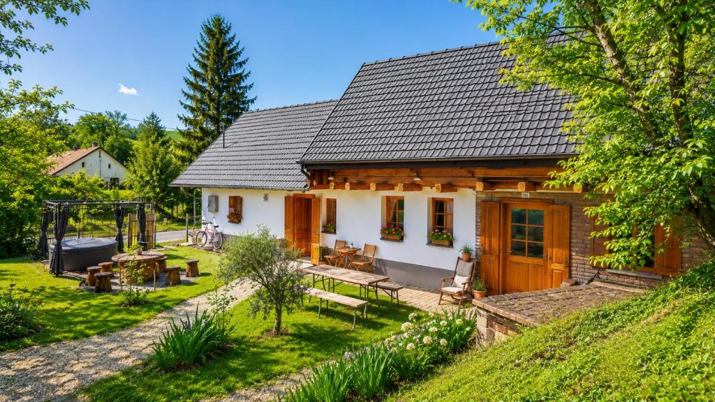 a house with a garden and a playground at Három Dió Vendégház in Nyim