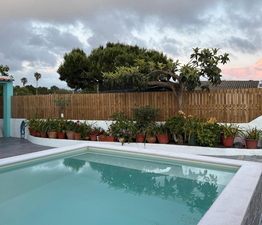 a swimming pool in front of a wooden fence at Casa das Orquídeas Meco in Sesimbra