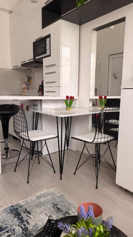 a kitchen with a table and chairs in a room at M & M Apartment in Ohrid