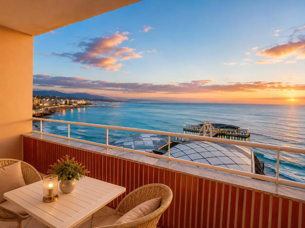 a balcony with a table and a view of the ocean at Big Center Beachfront Apartment in Durrës
