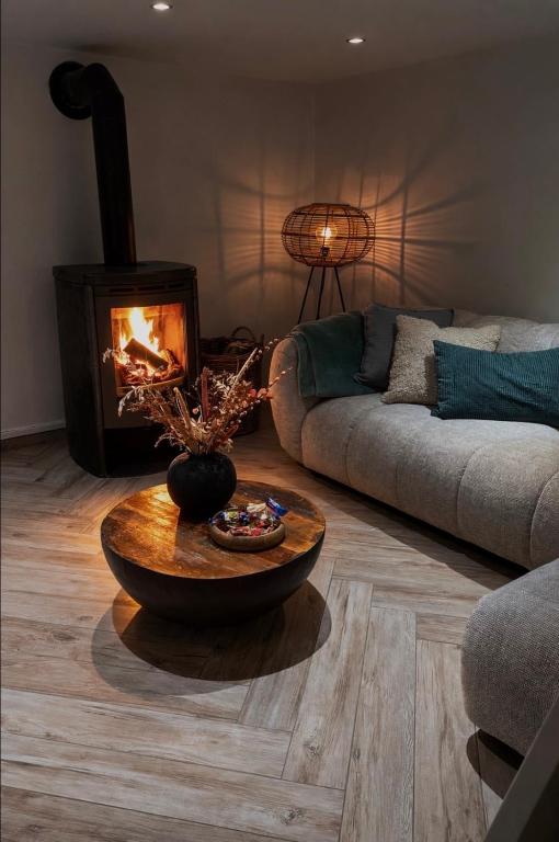 a living room with a couch and a fireplace at Chez Firmin in Manhay