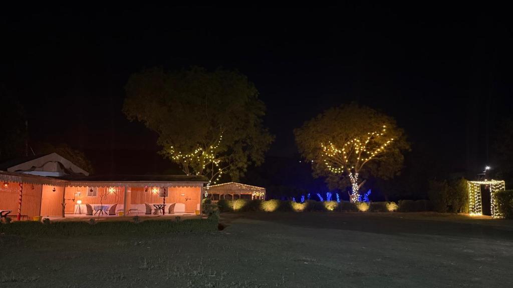 a house lit up at night with christmas lights at Drona Farms in Bhundsi