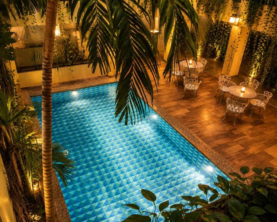 an overhead view of a swimming pool with a palm tree at Hotel Kyrios Veracruz in Veracruz