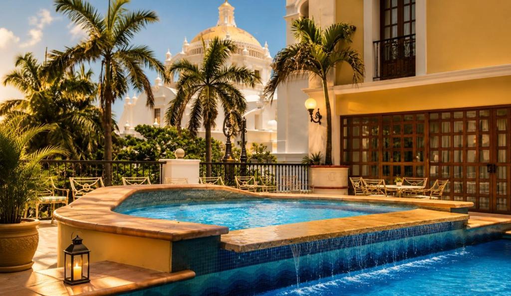 ein Pool vor einem Gebäude mit Palmen in der Unterkunft Gran Hotel Diligencias in Veracruz