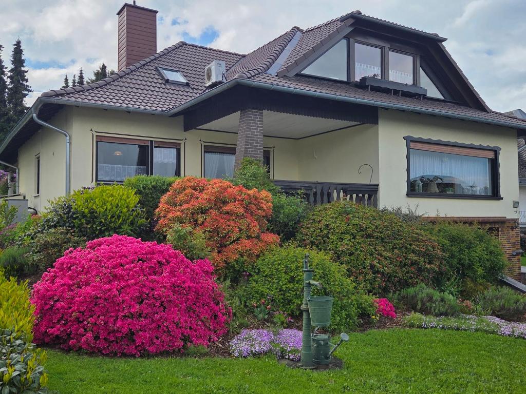 a house with colorful flowers in the yard at Ferienwohnung Sonnenberg am Radweg in Gedern