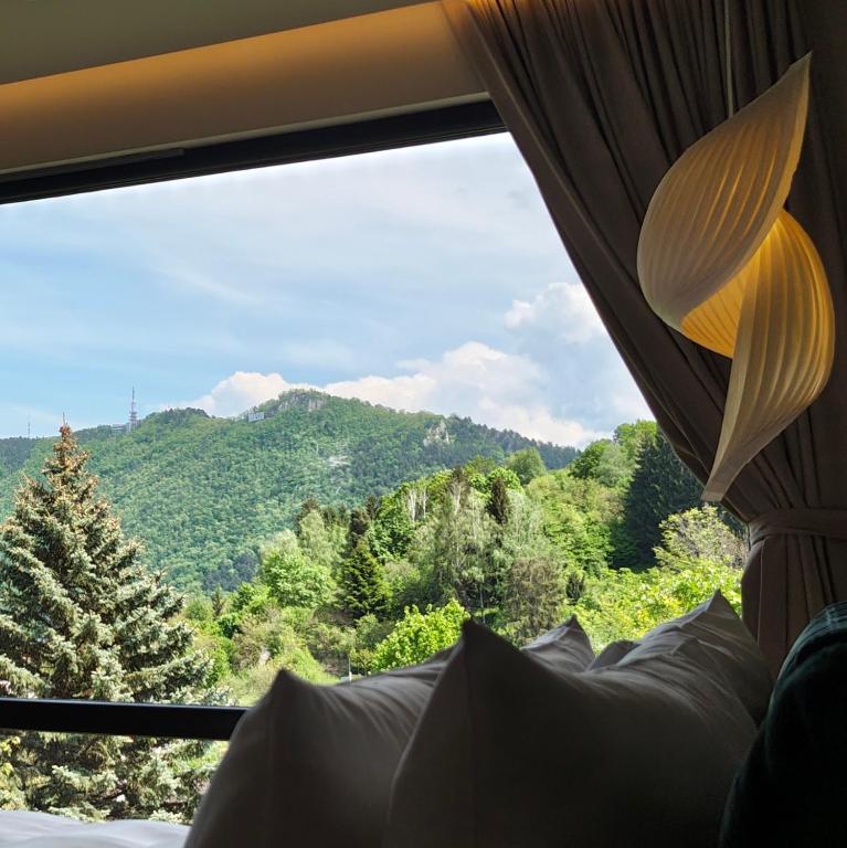 a window with a view of a mountain at Celest Boutique Urban Hideaway in Braşov