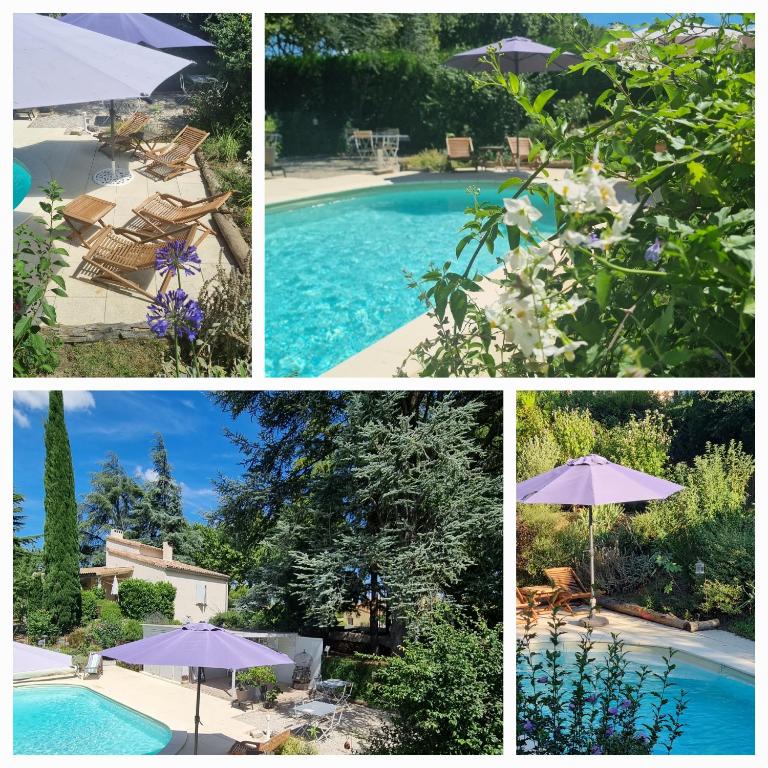 a collage of four pictures of a pool with an umbrella at chambres d'hôtes BARTAV aile in Espeluche