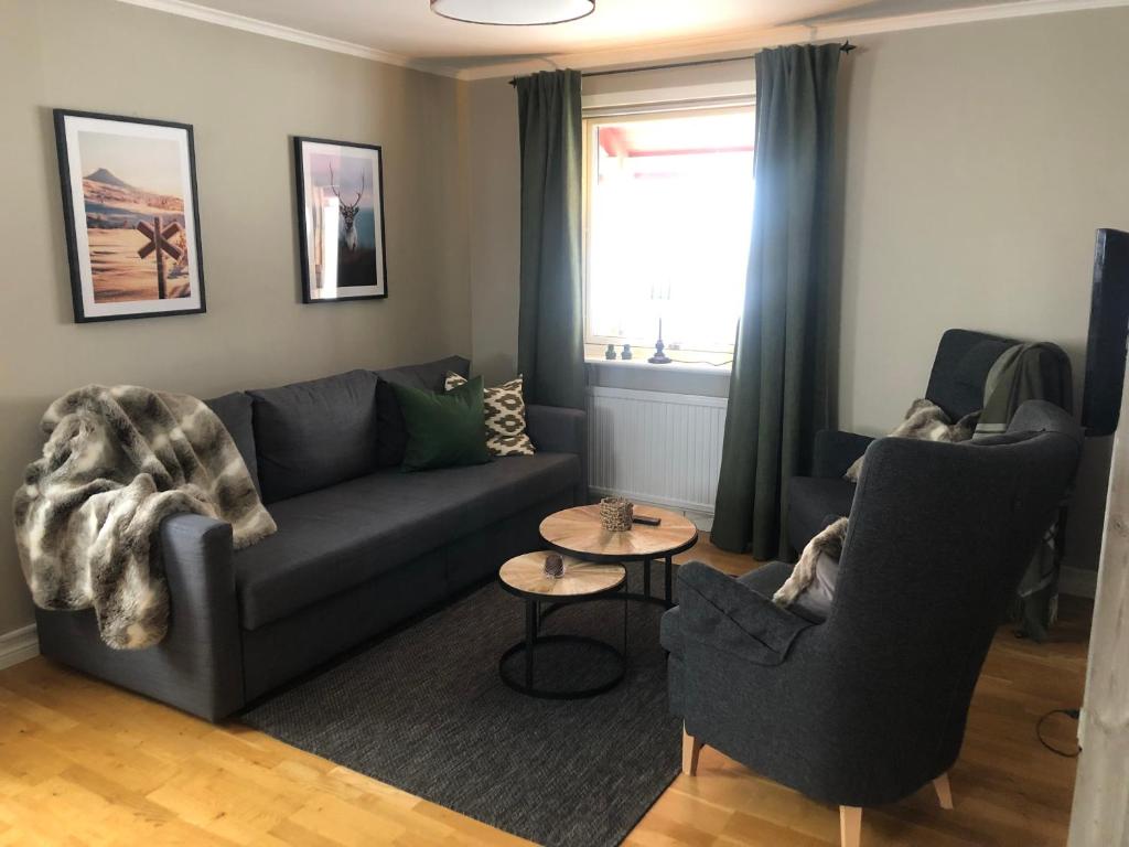 a living room with a couch and two chairs and a table at Gårdens Stugor - stugor för självhushåll in Klimpfjäll